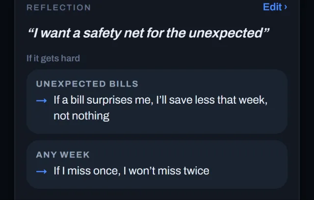 Goal reflection: the why, and under If it gets hard, Unexpected bills with its plan