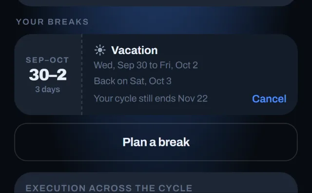 Week screen: a 3-day vacation planned ahead, Sep 30 to Oct 2